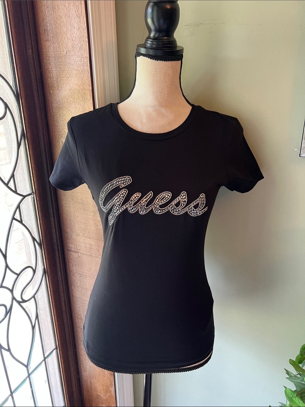 Guess Black Short-Sleeve Tee with Crystal Logo